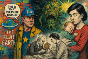 Eine Comic-Collage zeigt einen Flat-Earth-Anhänger, ein Monster mit vielen Augen und Menschen, die ein seltsames Artefakt untersuchen.