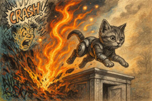 Eine Roboterkatze springt von einem Podest, während im Hintergrund eine Explosion tobt; daneben ein comicartiger, schockierter Mann mit dem Schriftzug „CRASH!“.
