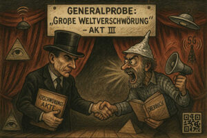Satirische Illustration einer Theaterbühne: Ein düsterer Verschwörer und ein wild gestikulierender Truther mit Aluhut schütteln sich heimlich hinter dem Vorhang die Hand, während vorn eine dramatische Enthüllung inszeniert wird. Die Bühne ist mit absurden Requisiten wie einem allsehenden Auge, UFO und kryptischen Symbolen geschmückt. Über ihnen hängt ein Schild mit der Aufschrift „Generalprobe: Große Weltverschwörung – Akt III“.