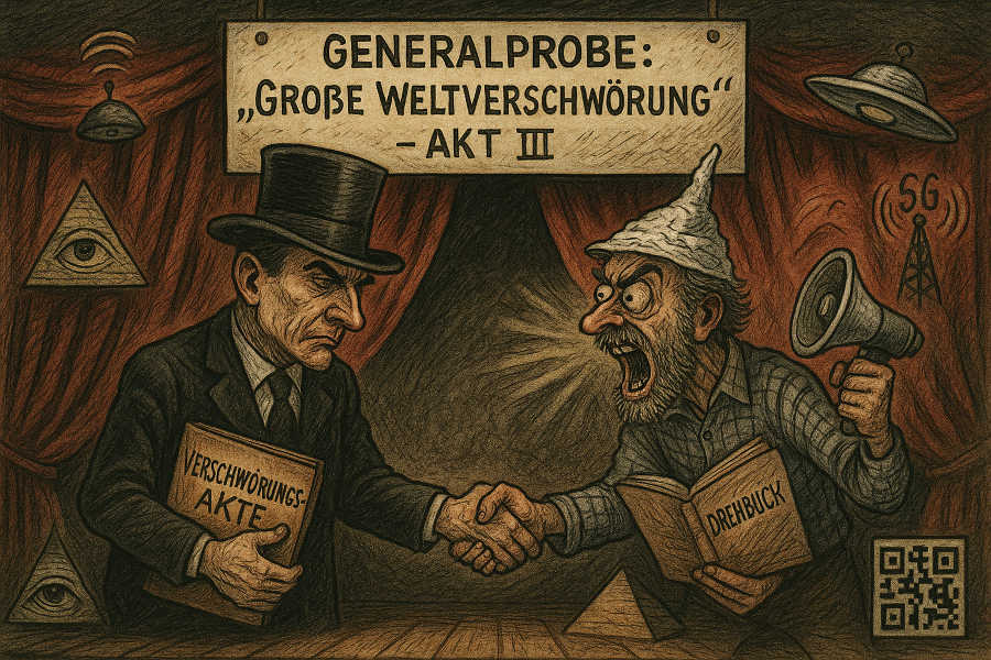 Satirische Illustration einer Theaterbühne: Ein düsterer Verschwörer und ein wild gestikulierender Truther mit Aluhut schütteln sich heimlich hinter dem Vorhang die Hand, während vorn eine dramatische Enthüllung inszeniert wird. Die Bühne ist mit absurden Requisiten wie einem allsehenden Auge, UFO und kryptischen Symbolen geschmückt. Über ihnen hängt ein Schild mit der Aufschrift „Generalprobe: Große Weltverschwörung – Akt III“.