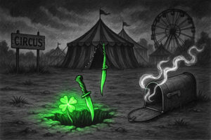 Auf einem düsteren Zirkusplatz wachsen grün leuchtende Dolche und ein vierblättriges Kleeblatt aus dem Boden, während eine rauchende Postbox daneben liegt.