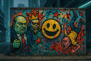 Buntes Graffiti auf einer Wand mit grotesken Gestalten: Ein König, ein Politiker, ein Smiley-Gesicht und ein schreiender Mann.