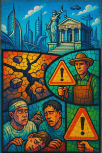 Eine Mosaik-Komposition zeigt Justitia, eine ausgetrocknete Erde, leidende Menschen und einen Bauern mit einem Warnschild – Symbolik von Umweltzerstörung und Gerechtigkeit.