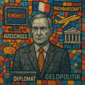 Ein steinernes Mosaikporträt eines Politikers, umgeben von Begriffen wie Diplomatie, Geldpolitik und Kindheit, in leuchtenden Farben gestaltet.