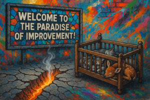 Vor einer bunten Wand steht ein Schild mit „Welcome to the Paradise of Improvement!“, während neben einer brodelnden Erdspalte ein Gitterbett mit schlafenden Tieren steht.