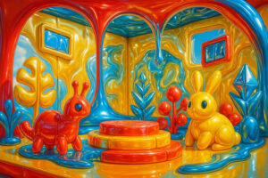 Eine knallbunte Plastiklandschaft mit Tierfiguren, Pflanzen und fließenden Formen in Blau, Rot und Gelb – eine surreale Spielzeugwelt.