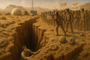 Eine Protestgruppe mit Bannern ruft auf einer Felsspalte einem verzweifelten Mann zu, der sich an der Kante festhält; Fossilien sind im Boden eingraviert.