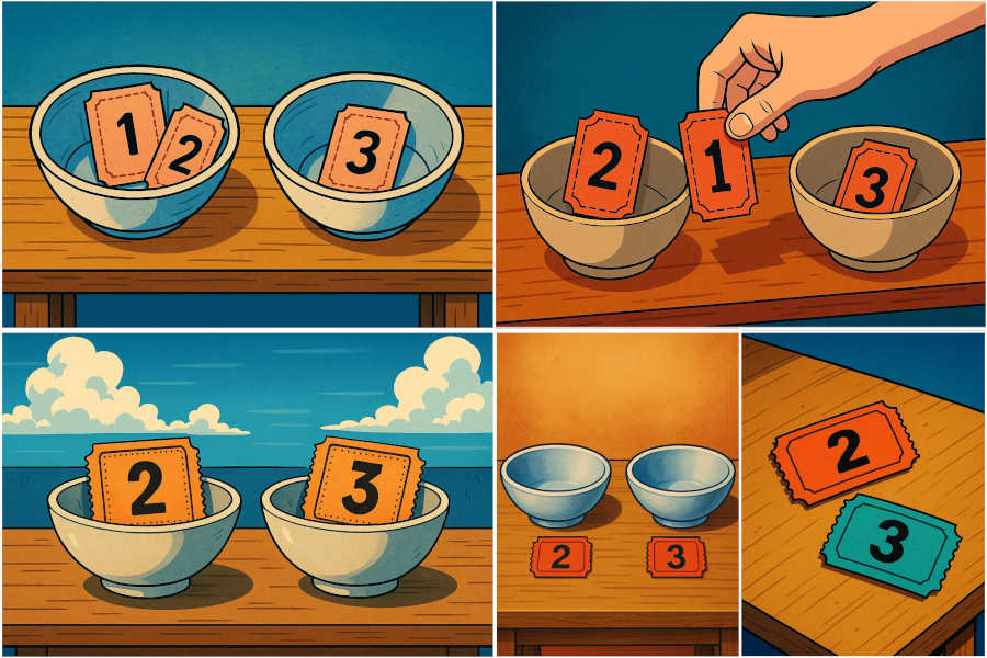 Fünfteilige Illustration der Schalen-Variante des Ziegenproblems: Zwei Schalen auf einem Tisch, in der linken liegen zwei Lose ("2" und "3"), in der rechten ein Los ("1"); ein Los ("2") wird entfernt; anschließend werden die verbleibenden Lose ("1" und "3") offen auf den Tisch gelegt und die Schalen entfernt; der Spielleiter fordert auf, eines der beiden Lose zu wählen.