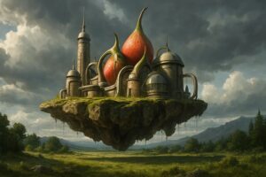 Eine schwebende Insel mit einer futuristischen Stadt, aus der gigantische organische Früchte wachsen, vor dramatischem Himmel.