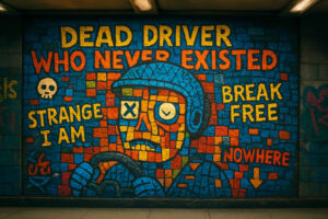 Buntes Mosaikgraffiti in einer U-Bahnstation zeigt einen toten Fahrer mit X-Augen und Texten wie "Dead Driver Who Never Existed", "Strange I Am" und "Break Free".