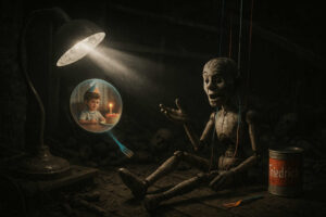 Eine Holzmarionette in einem dunklen Raum spricht mit einer alten Lampe über ihre Kindheit.