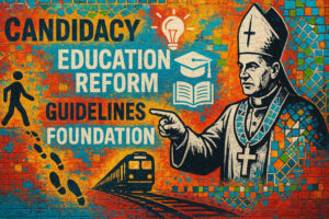 Eine Graffiti: Ein Bischof zeigt mit einem Finger auf die Worte Guidelines, Candidacy, Education, Reform und Foundation.