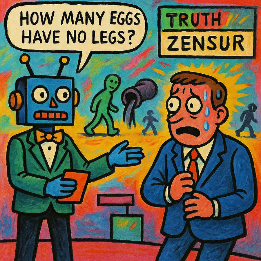 Buntes, comicartiges Gemälde mit surrealer Szene: Ein Roboter im Anzug mit Schleife hält ein Tablet und fragt einen nervös schwitzenden Mann in Anzug: „How many eggs have no legs?“ (Wie viele Eier haben keine Beine?). Im Hintergrund laufen stilisierte Menschenfiguren umher, während schwarze Tinte aus einem Trichter fließt. Oben rechts steht ein Zensurbalken mit den Worten „TRUTH“ (Wahrheit) und „ZENSUR“, wobei „TRUTH“ teilweise verdeckt ist. Die Szene wirkt satirisch und kritisiert auf absurde Weise Themen wie Zensur, KI-Kommunikation und Wahrheitskontrolle.