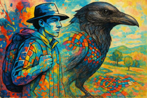 Ein nachdenklicher Wanderer mit farbigem Mosaikmuster auf seiner Jacke läuft neben einem riesigen, symbolträchtigen Raben durch eine farbenfrohe Landschaft.