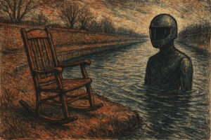 Unheimliche Figur mit Helm steht bis zur Brust in einem Kanal. Am Ufer ein leerer Schaukelstuhl, kahle Bäume im Hintergrund, alles in dunkler Radierung gehalten.