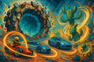 Futuristische Rennwagen rasen durch eine Wüstenlandschaft mit schwebenden Kakteen und einem mystischen Portal im Hintergrund.