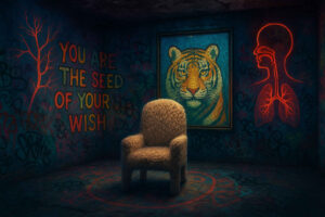 Ein leerer Raum. An der Wand ein Gemälde von einem Tiger, in der Mitte steht ein flauschiger Sessel. An der Wand steht: You are the seed of your wish.