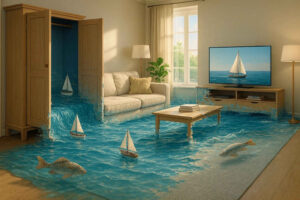 Ein Wohnzimmer wird von Wasser überflutet, das aus einem geöffneten Kleiderschrank strömt, auf dem Teppich schwimmen kleine Segelboote.