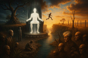 Surreale Szene mit leuchtender Figur auf Thron, umgeben von düsteren Gestalten. Ein Mensch springt über eine Schlucht in eine sonnige Landschaft. Text „Zone of the Victors“ am Thron.