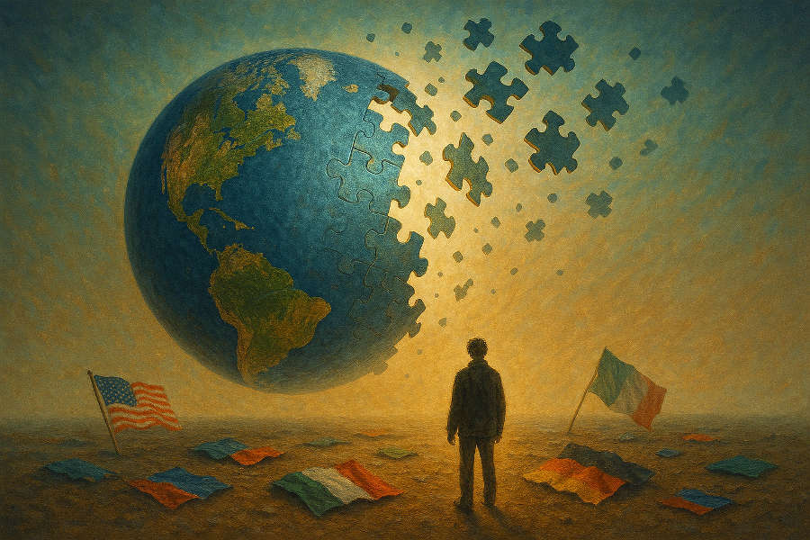 Symbolisches Bild zur Denationalisierung: Ein Mensch steht vor einer in Puzzle-Stücke zerfallenden Erde, umgeben von abgelegten Nationalflaggen.