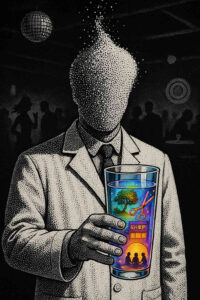 Ein gesichtsloser Mann aus Punkten hält ein Glas, in dem sich eine ganze Welt spiegelt: ein Baum, eine Schere, ein Geschäft, eine Szene bei Sonnenuntergang.
