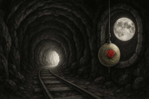 Eine Rose in einer gläsernen Kugel hängt in einem dunklen Bahntunnel; im Hintergrund ein leuchtendes Ende des Tunnels und ein Fenster mit Vollmond.