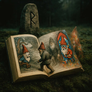 Ein aufgeschlagenes Märchenbuch in einer moosigen Landschaft zeigt Zwerge, von denen einer gerade aus dem Buch heraustritt – Runenstein im Hintergrund.