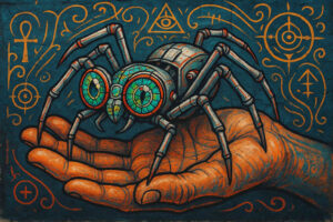 Eine bunte kybernetische Spinne mit Mosaikaugen sitzt in einer ausgestreckten Hand, umgeben von mystischen Symbolen auf dunkelblauem Hintergrund.