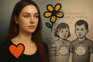 Eine junge Frau mit nachdenklichem Gesichtsausdruck vor einer Collage aus Retro-Kindergrafiken, einer Blume und dem Satz „The memory of words is fleeting“.