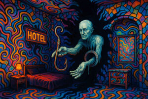 Eine geisterhafte Gestalt mit Hakenhand schwebt aus einem schwarzen Loch in einem psychedelischen Hotelzimmer, dessen Wände von bunten Wellenmustern durchzogen sind.
