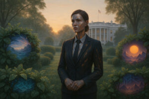 Eine ernste Frau im Anzug mit goldenen Adern im Gesicht steht vor dem Weißen Haus, umgeben von leuchtenden Portalen in Hecken, die alternative Welten zeigen – Politik trifft auf Sci-Fi und metaphysische Macht.