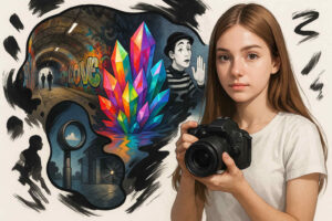 Ein junges Mädchen mit Kamera steht vor einer Leinwand ihrer Vorstellungskraft – sie zeigt bunte Kristalle, einen Straßenkünstler, ein Graffiti-Tunnelbild und ein surreal beleuchtetes Observatorium.