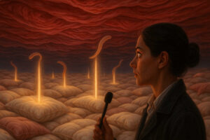 Eine Frau mit Mikrofon steht in einer surrealen Landschaft aus Kissen, aus denen leuchtende Tentakel aufsteigen; über ihr wölbt sich ein roter, wolkiger Himmel.