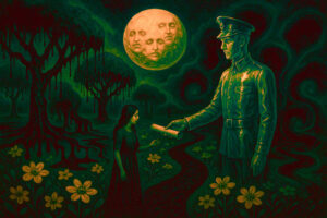 In einer albtraumhaften Landschaft mit tropfenden Bäumen und einem Mond voller Gesichter überreicht ein riesiger Offizier einer kleinen Frau eine mysteriöse Schriftrolle – ein surrealer Akt staatlicher Machtübertragung.