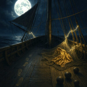 Auf einem alten Segelschiff unter Vollmond liegt ein goldenes Tuch in einem Netz, aus dem elektrische Blitze zucken; Fußspuren führen dorthin, doch keine Figur ist zu sehen – ein Bild voller Geheimnis und Verschwinden.