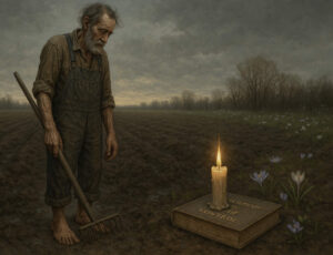 Ein alter Mann steht barfuß mit einer Hacke auf einem brachliegenden Acker. Vor ihm brennt eine Kerze auf einem Buch mit dem Titel „Blueprints of Control“, umgeben von ersten Frühlingsblumen.
