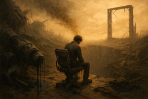 Eine dystopische Landschaft mit Trümmern und einem tiefen Abgrund. Ein Mann sitzt auf einem Stuhl, schwarze Partikel steigen aus seinem Kopf empor, während ein verfallenes Türrahmenfragment am Abgrund steht.