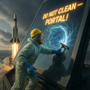 Ein Mann in Schutzanzug und Helm putzt eine futuristische Glasfläche mit einem leuchtenden Portal darin, obwohl darüber in großen Lettern "DO NOT CLEAN – PORTAL!" steht. Im Hintergrund startet eine Rakete in den Himmel.