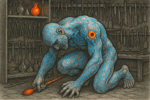 Eine muskulöse Figur mit leuchtend blauen Adern und einem glühenden Punkt auf der Schulter kniet vor einem Pinsel in einer Werkstatt voller Werkzeuge – Symbol für kreative Erschöpfung oder Schmerz des Schaffens.