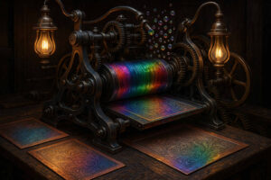 Eine altmodische Druckpresse produziert schillernde Karten in Regenbogenfarben, aus deren Walze magisch Seifenblasen aufsteigen – eine Mischung aus viktorianischer Mechanik und fantastischem Farbenspiel.