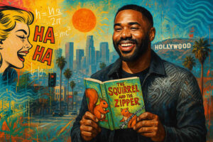 Ein lachender Mann hält ein Kinderbuch mit dem Titel „The Squirrel and the Zipper“ vor dem Hintergrund von Los Angeles. Neben ihm lacht eine Comic-Figur, darüber physikalische Formeln und der berühmte Hollywood-Schriftzug.