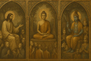 Triptychon mit Jesus, Buddha und Krishna in drei nebeneinander stehenden Bögen. Jeder Religionsstifter sitzt in einem eigenen Mittelpanel, umgeben von betenden Anhängern. Der Stil erinnert an mittelalterliche sakrale Fresken, mit goldbrauner Patina und architektonischen Elementen im Hintergrund.