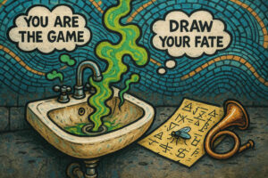Illustration eines alten Waschbeckens, aus dem grüner Rauch aufsteigt. Daneben liegt ein Blatt mit kryptischen Symbolen und einer Fliege, sowie ein Horn. Zwei Sprechblasen enthalten die Worte „You are the game“ und „Draw your fate“.