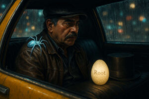 Ein nachdenklich blickender Mann sitzt bei Nacht in einem Taxi, während eine leuchtende Spinne auf seiner Schulter sitzt. Vor ihm liegt ein helles Ei mit der Aufschrift „Root“, daneben ein Zylinderhut.