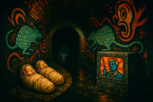 Zwei Babys liegen in einem Abwasserschacht unter grellbunten Wandmalereien von Ratten, während ein stilisierter Fernseher mit autoritärem Redner aus dem Wasser ragt – eine surreale Vision medialer Indoktrination.