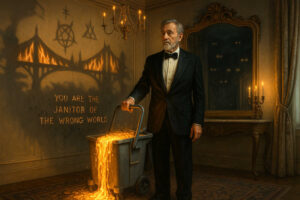Ein älterer Mann im Smoking steht in einem eleganten Zimmer mit brennenden Wandzeichnungen, während Lava aus seinem Putzwagen fließt – an der Wand steht: "You are the janitor of the wrong world".