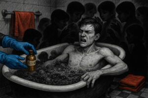 Ein Mann windet sich schmerzvoll in einer Badewanne voller dunkler Blasen, umgeben von schemenhaften Kinderfiguren – eine mit blauen Handschuhen ausgestattete Hand reicht ihm eine Medizinflasche.
