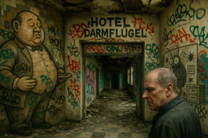 Ein älterer Mann blickt skeptisch in einen verlassenen, verdreckten und von Graffiti übersäten Hotelflur; über dem Eingang steht in absurdem Deutsch „Hotel Darmflügel“, daneben eine riesige Mosaikfigur im Anzug.