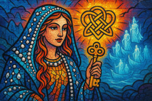 Eine Frau im Mosaik-Stil, gekleidet wie eine Ikone, hält einen goldenen Schlüssel, während im Hintergrund Geistgestalten in Booten auf leuchtendem Wasser fahren; über ihr strahlt ein Symbol aus Licht.
