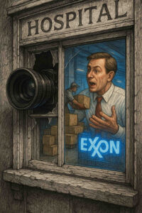 Durch ein eingeschlagenes Krankenhausfenster ragt ein großes Kameraobjektiv. Dahinter steht ein Mann in Hemd und roter Krawatte vor einem EXXON-Leuchtschild und spricht gestikulierend, während im Hintergrund Kartons gestapelt werden.